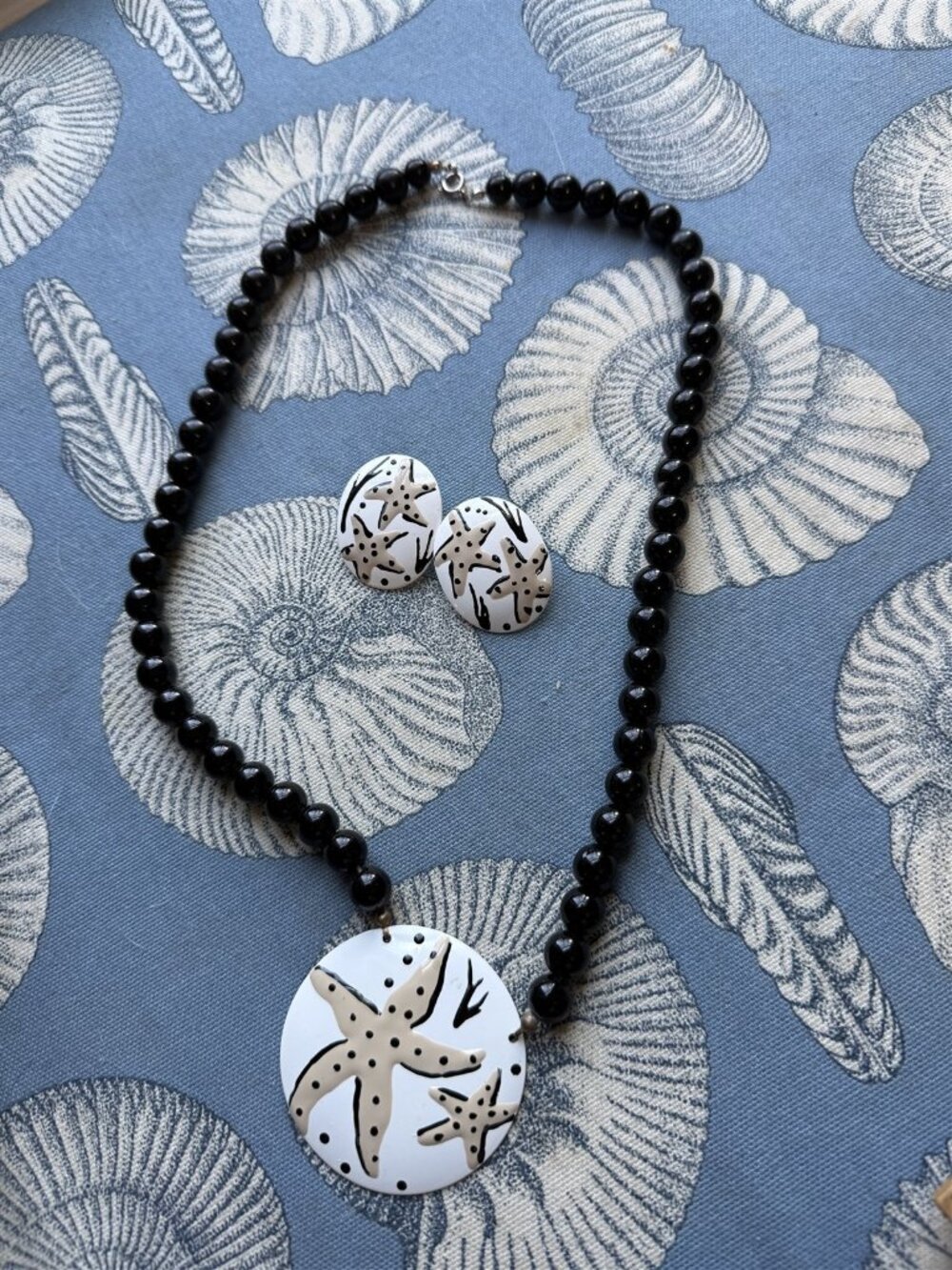 Necklace and Earring Set Starfish Painted Pendant Beaded with Pierced Earrings